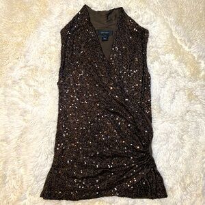 Karen Kane Brown Sequin V-Plunge Ruched Wrap Sleeveless Top